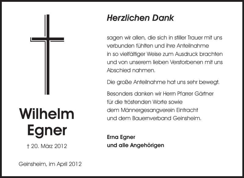 Traueranzeige für Wilhelm Heinrich Egner vom 07.04.2012 aus Rüsselsheimer Echo, Groß-Gerauer-Echo, Ried Echo