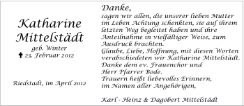 Traueranzeige von Katharine Mittelstädt von Rüsselsheimer Echo, Groß-Gerauer-Echo, Ried Echo