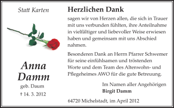 Traueranzeige von Anna Damm von Odenwälder Echo