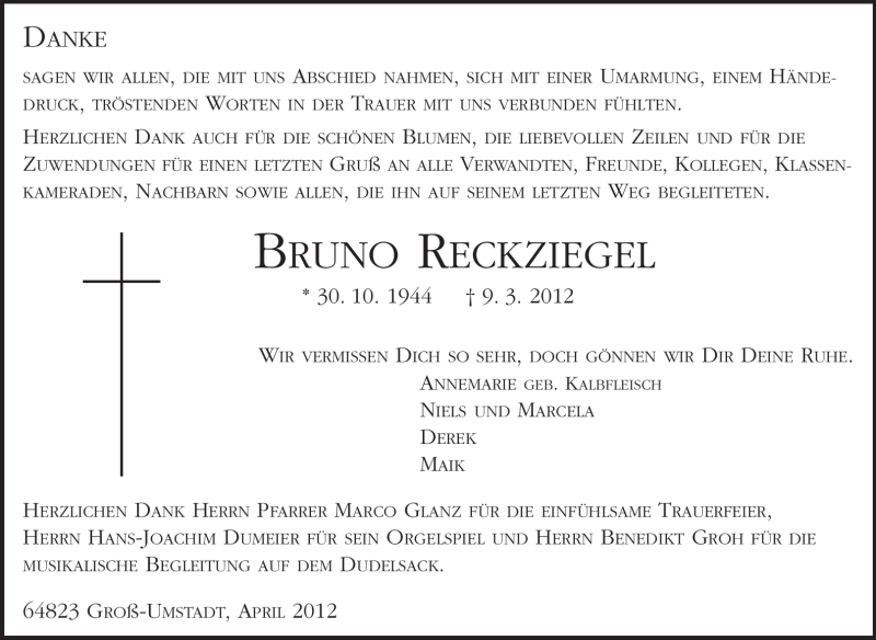  Traueranzeige für Bruno Georg Reckziegel vom 07.04.2012 aus Echo-Zeitungen (Gesamtausgabe)