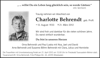 Traueranzeige von Charlotte Behrendt von Rüsselsheimer Echo, Groß-Gerauer-Echo, Ried Echo