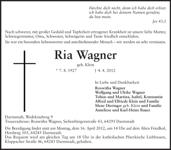 Traueranzeige von Ria Wagner von Echo-Zeitungen (Gesamtausgabe)