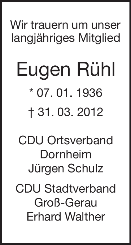  Traueranzeige für Eugen Rühl vom 07.04.2012 aus Rüsselsheimer Echo, Groß-Gerauer-Echo, Ried Echo
