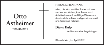 Traueranzeige von Otto Astheimer von Rüsselsheimer Echo, Groß-Gerauer-Echo, Ried Echo