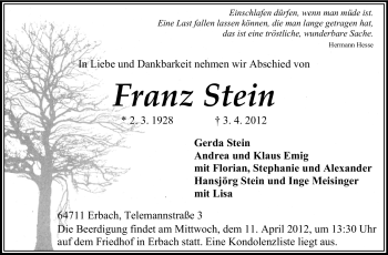 Traueranzeige von Franz Stein von Odenwälder Echo