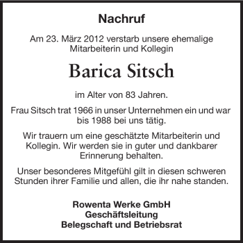 Traueranzeige von Barica Sitsch von Odenwälder Echo