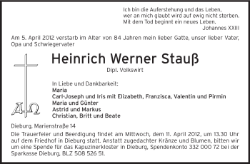 Traueranzeige von Heinrich Werner Stauß von Echo-Zeitungen (Gesamtausgabe)