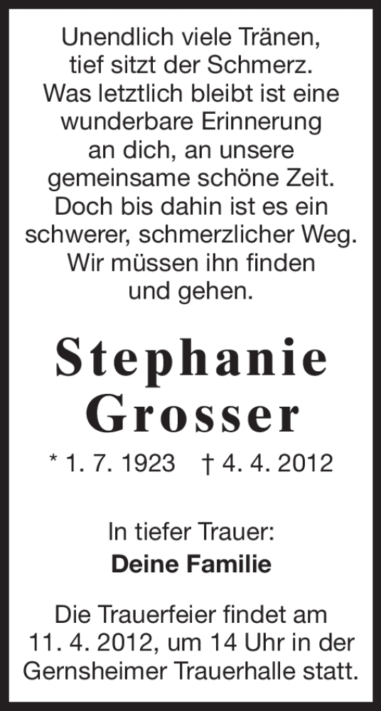  Traueranzeige für Stephanie Grosser vom 07.04.2012 aus Echo-Zeitungen (Gesamtausgabe)