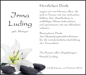 Traueranzeige von Irma Luding von Rüsselsheimer Echo, Groß-Gerauer-Echo, Ried Echo