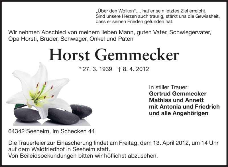  Traueranzeige für Horst Gemmecker vom 10.04.2012 aus Echo-Zeitungen (Gesamtausgabe)