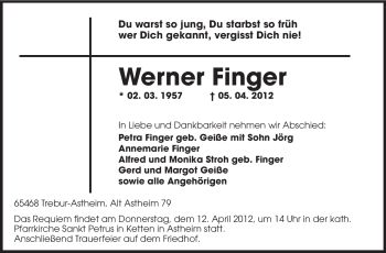 Traueranzeige von Werner Finger von Echo-Zeitungen (Gesamtausgabe)