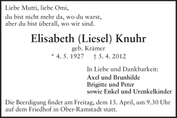 Traueranzeige von Elisabeth Knuhr von Darmstädter Echo, Odenwälder Echo, Rüsselsheimer Echo, Groß-Gerauer-Echo, Ried Echo