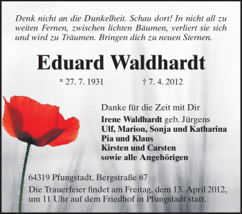 Traueranzeige von Eduard Waldhardt von Echo-Zeitungen (Gesamtausgabe)