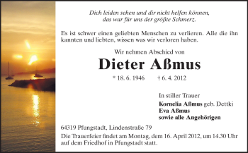 Traueranzeige von Dieter Aßmus von Echo-Zeitungen (Gesamtausgabe)