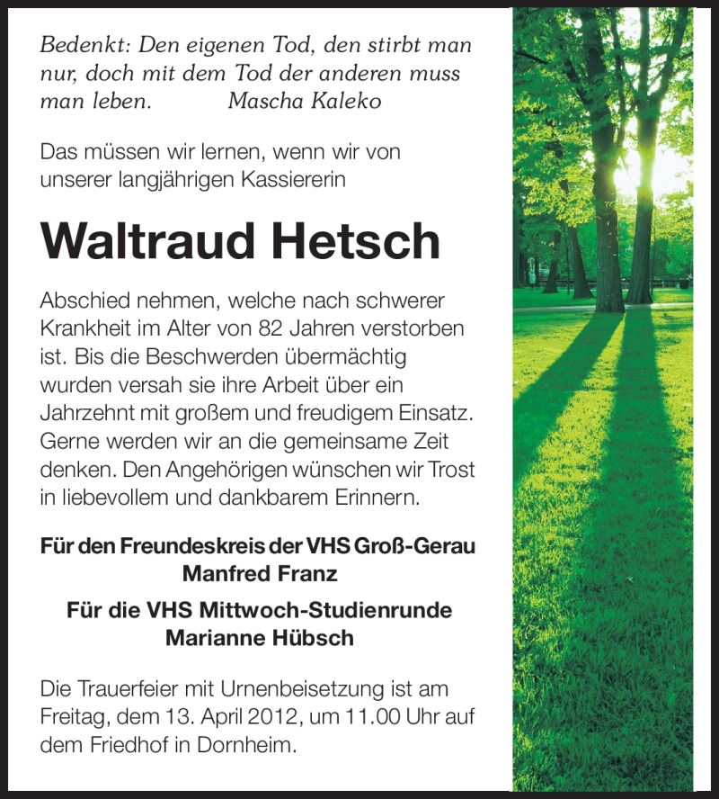  Traueranzeige für Waltraud Hetsch vom 11.04.2012 aus Rüsselsheimer Echo, Groß-Gerauer-Echo, Ried Echo