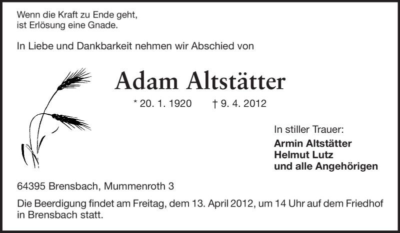  Traueranzeige für Adam Altstätter vom 11.04.2012 aus Odenwälder Echo