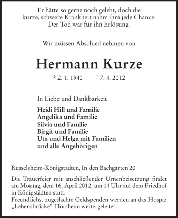 Traueranzeige von Hermann Kurze von Rüsselsheimer Echo, Groß-Gerauer-Echo, Ried Echo