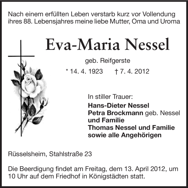  Traueranzeige für Eva-Maria Nessel vom 11.04.2012 aus Rüsselsheimer Echo, Groß-Gerauer-Echo, Ried Echo
