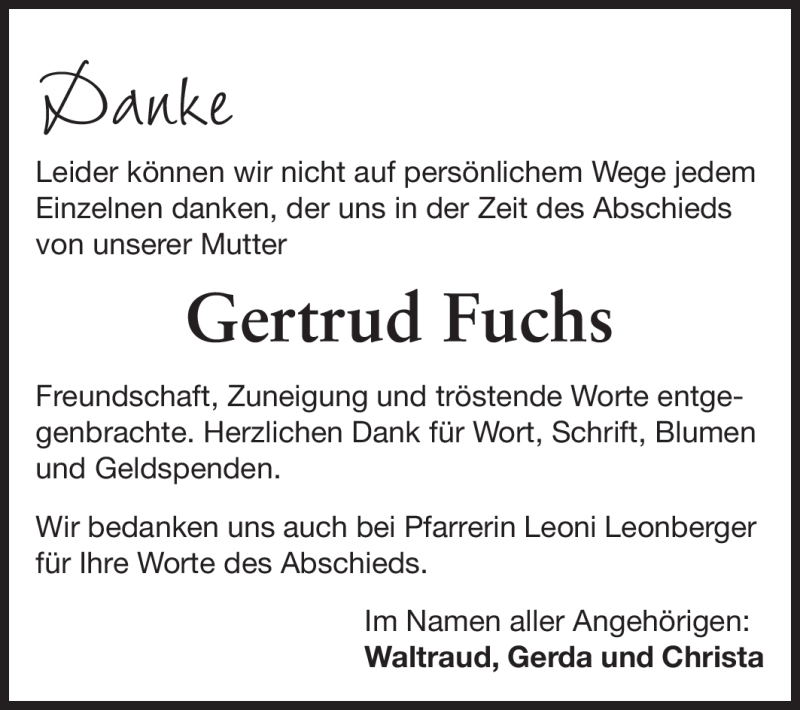  Traueranzeige für Gertrud Fuchs vom 14.04.2012 aus Rüsselsheimer Echo, Groß-Gerauer-Echo, Ried Echo