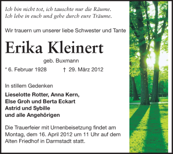 Traueranzeige von Erika Kleinert von Darmstädter Echo, Odenwälder Echo, Rüsselsheimer Echo, Groß-Gerauer-Echo, Ried Echo