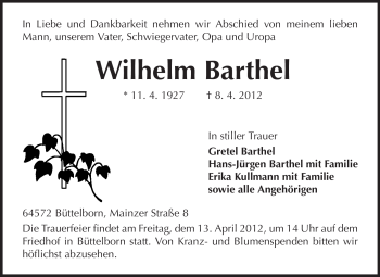 Traueranzeige von Wilhelm Barthel von Rüsselsheimer Echo, Groß-Gerauer-Echo, Ried Echo