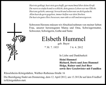 Traueranzeige von Elsbeth Hummel von Rüsselsheimer Echo, Groß-Gerauer-Echo, Ried Echo
