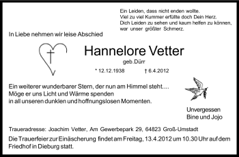 Traueranzeige von Hannelore Vetter von Echo-Zeitungen (Gesamtausgabe)