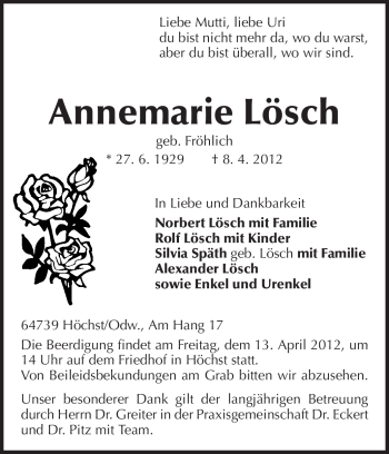 Traueranzeige von Annemarie Lösch von Odenwälder Echo