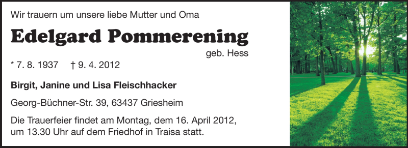  Traueranzeige für Edelgard Pommerening vom 13.04.2012 aus Echo-Zeitungen (Gesamtausgabe)