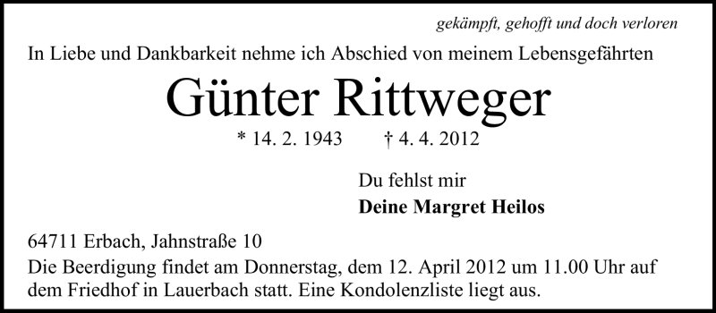  Traueranzeige für Günter Rittweger vom 11.04.2012 aus Odenwälder Echo