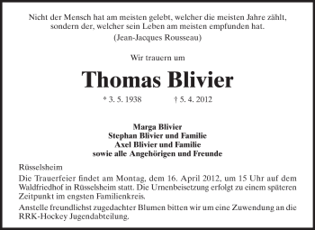 Traueranzeige von Thomas Blivier von Rüsselsheimer Echo, Groß-Gerauer-Echo, Ried Echo
