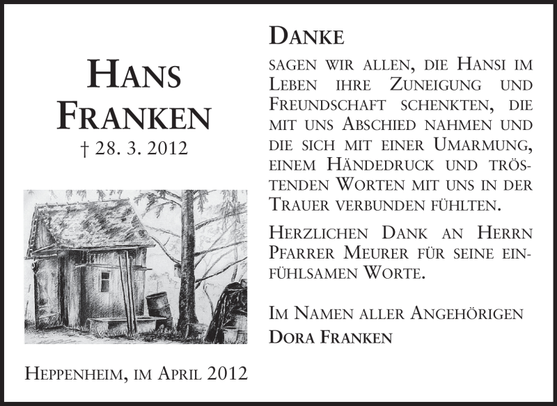  Traueranzeige für Hans Franken vom 14.04.2012 aus Starkenburger Echo