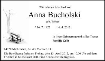 Traueranzeige von Anna Bucholski von Odenwälder Echo
