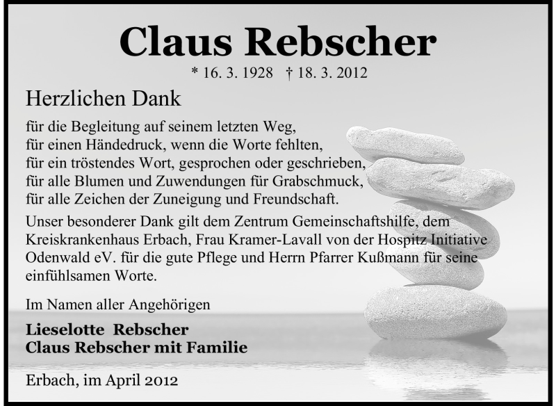  Traueranzeige für Claus Rebscher vom 14.04.2012 aus Odenwälder Echo