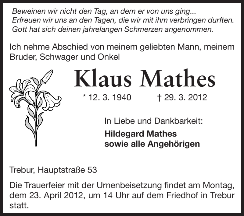  Traueranzeige für Klaus Mathes vom 13.04.2012 aus Rüsselsheimer Echo, Groß-Gerauer-Echo, Ried Echo