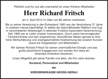 Traueranzeige von Richard Fritsch von Rüsselsheimer Echo, Groß-Gerauer-Echo, Ried Echo
