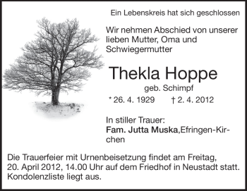 Traueranzeige von Thekla Hoppe von Odenwälder Echo
