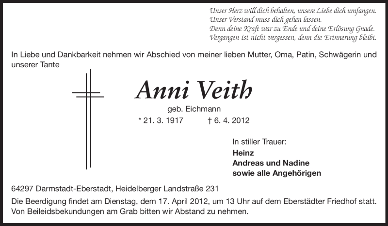  Traueranzeige für Anni Veith vom 14.04.2012 aus Echo-Zeitungen (Gesamtausgabe)