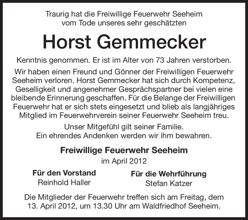  Traueranzeige für Horst Gemmecker vom 12.04.2012 aus Echo-Zeitungen (Gesamtausgabe)