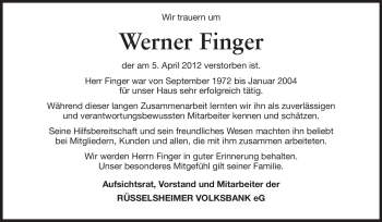Traueranzeige von Werner Finger von Rüsselsheimer Echo, Groß-Gerauer-Echo, Ried Echo