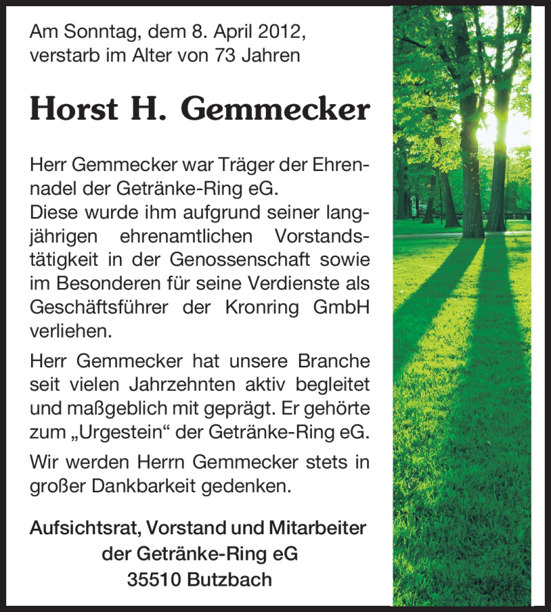  Traueranzeige für Horst Gemmecker vom 12.04.2012 aus Echo-Zeitungen (Gesamtausgabe)