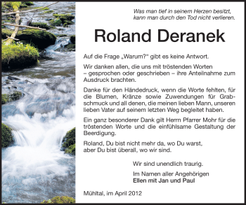 Traueranzeige von Roland Deranek von Echo-Zeitungen (Gesamtausgabe)