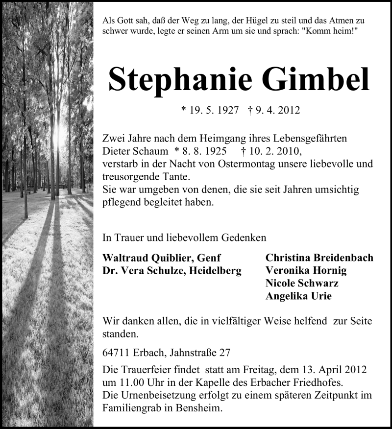  Traueranzeige für Stephanie Gimbel vom 12.04.2012 aus Odenwälder Echo