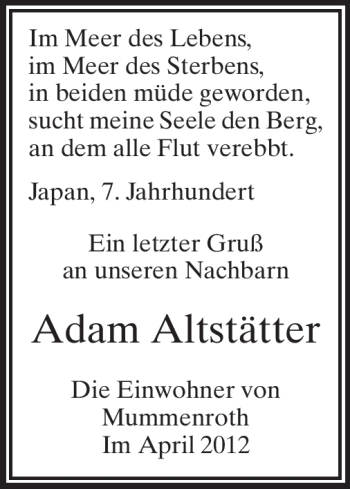 Traueranzeige von Adam Altstätter von Odenwälder Echo