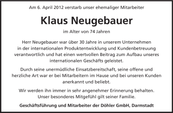 Traueranzeige von Klaus Neugebauer von Echo-Zeitungen (Gesamtausgabe)