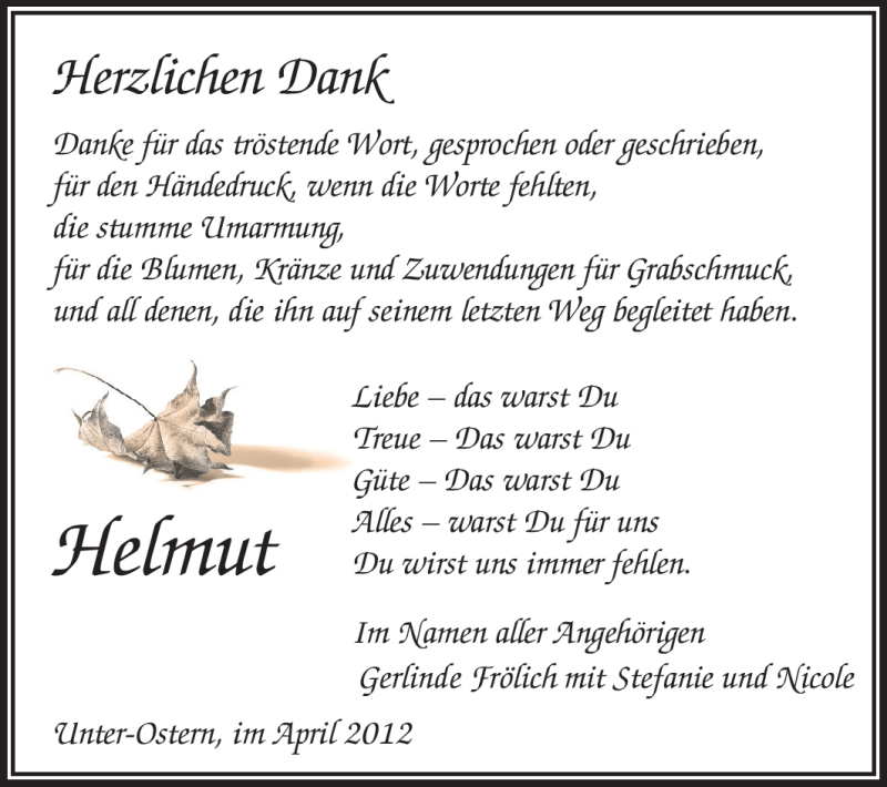  Traueranzeige für Helmut Frölich vom 14.04.2012 aus Odenwälder Echo