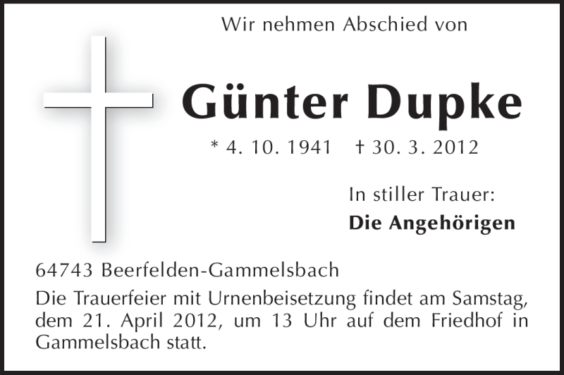  Traueranzeige für Günter Dupke vom 14.04.2012 aus Odenwälder Echo