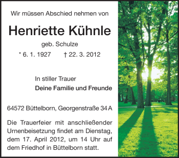 Traueranzeige von Henriette Kühnle von Rüsselsheimer Echo, Groß-Gerauer-Echo, Ried Echo