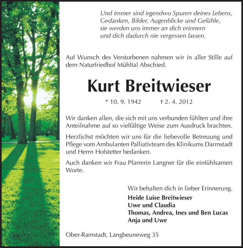  Traueranzeige für Kurt Breitwieser vom 14.04.2012 aus Darmstädter Echo, Odenwälder Echo, Rüsselsheimer Echo, Groß-Gerauer-Echo, Ried Echo
