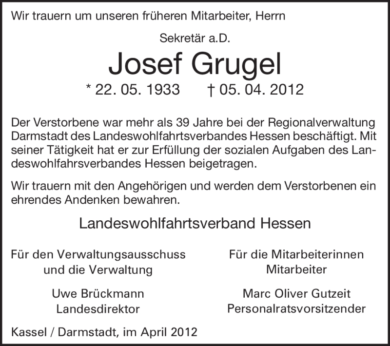  Traueranzeige für Josef Grugel vom 13.04.2012 aus Echo-Zeitungen (Gesamtausgabe)